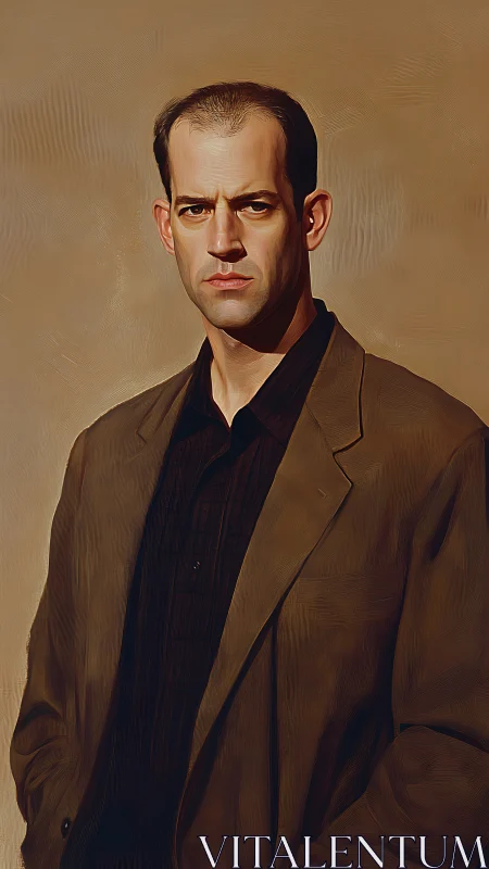 Oil portrait of stern man in brown jacket, neutral ground.