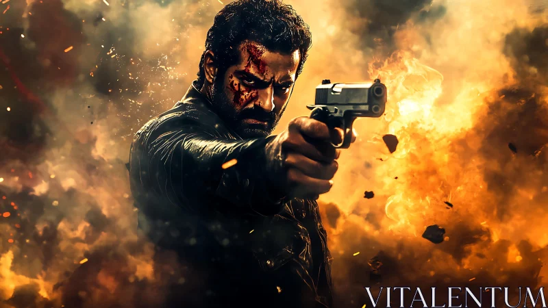 Battle-scarred gunman advances through blazing explosions.