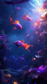 Radiant goldfish drifting through luminous coral dreamscape.