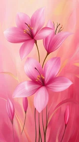 Pink lilies with golden stamens in gradient background.