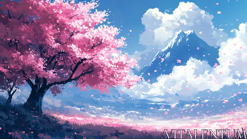 Soft pink cherry blossoms drifting toward distant peaks.