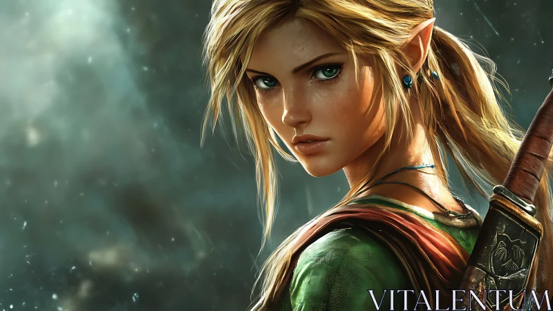 Elf warrior portrait with sword in atmospheric lighting.