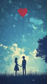 Two figures holding hands beneath red heart balloon in starlit sky
