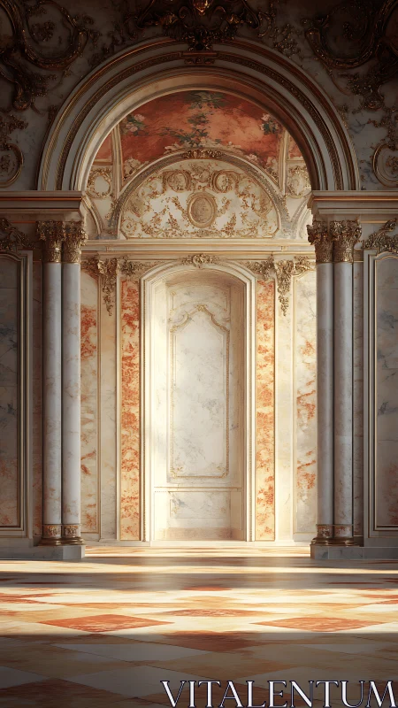 Sunlit marble archway in a gilded baroque dream hall.