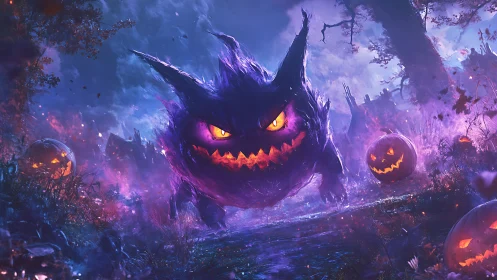 Ghostly orb creature in purple mist with carved pumpkins.