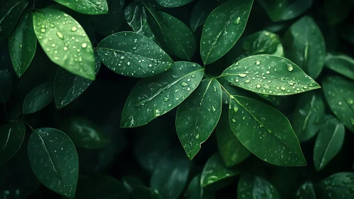 Closeup of glossy green leaves covered in fresh raindrops.