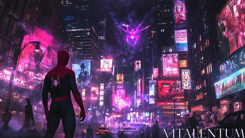 Neon web-slinger confronts glowing specter above cyber city.