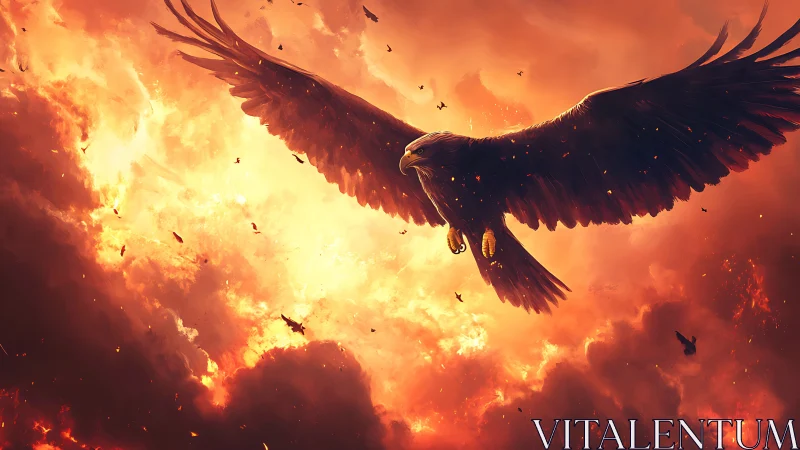Majestic eagle soaring through fiery sky in dramatic fantasy art.