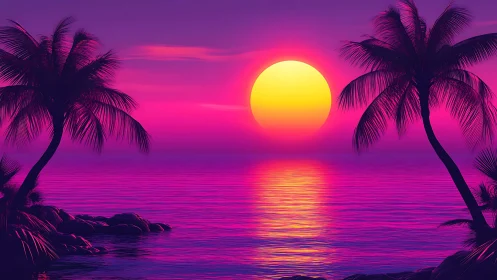 Neon tropical sunset bathes calm ocean in radiant glow
