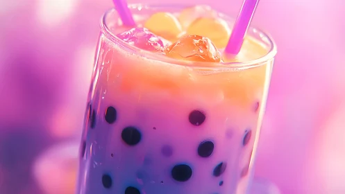 Gradient Bubble Tea Glass with Neon Aesthetic.
