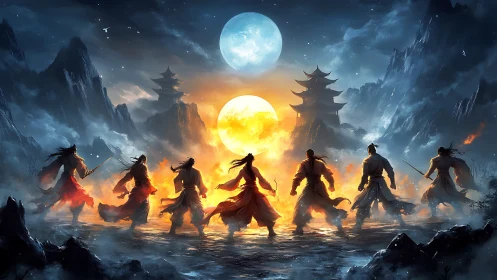Warrior silhouettes facing twin moons over fiery temple.