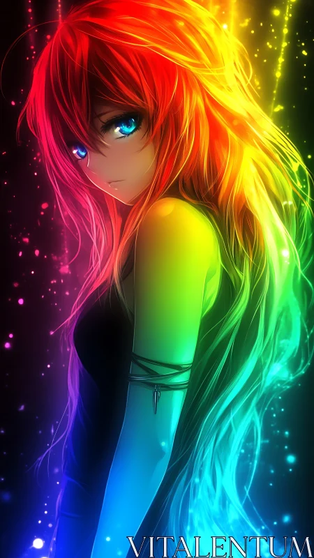 Chromatic-haired anime girl under neon particle light effects