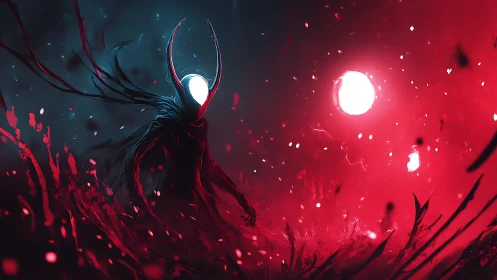 Horned wraith strides through crimson storm of burning light