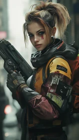 Cyberpunk huntress stands armed in a rain-soaked neon alley