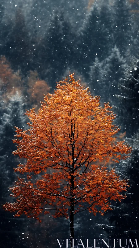 Solitary amber tree glows warmly amid first winter snowfall
