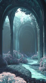 Luminous river winds through ethereal cathedral forest hall.