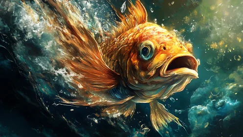 Golden koi surges through swirling teal waves in motion.