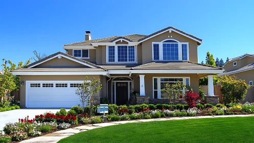 Suburban two story house with garage and landscaped yard.