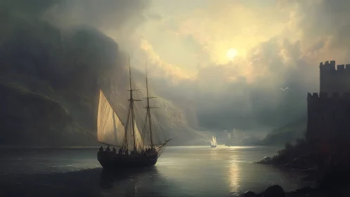 Sunlit brigantine approaches misty fjord stronghold at dusk