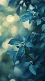 Gentle teal leaves and tiny blossoms glowing in soft light.