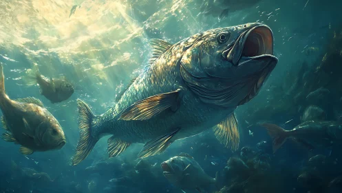 Silver monarch bass surges through sunlit emerald currents.