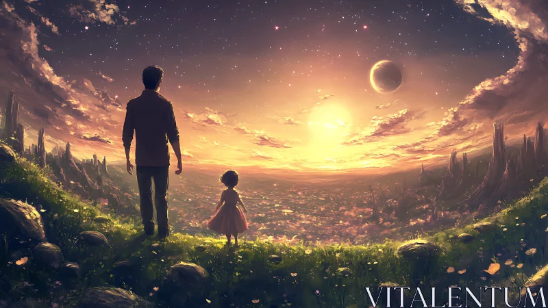 Starlit father and child overlooking luminous alien valley.