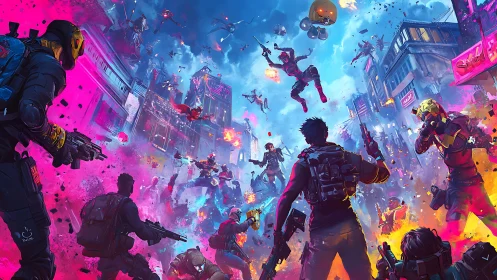 Neon urban battle royale with cybernetic soldiers mid firefight