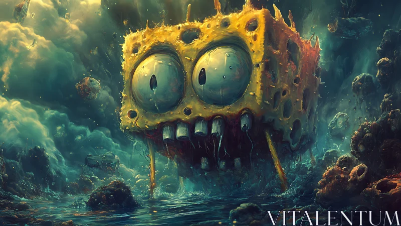 Grotesque sponge monster stalks a stormy alien seascape