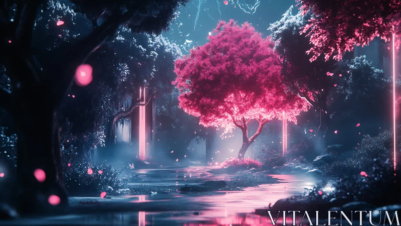 Neon-lit bioluminescent grove centers saturated magenta tree