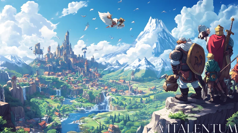 Fantasy adventurers observing mountain city landscape.