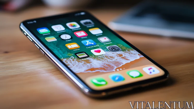 iPhone Home Screen Display on Wooden Desk Surface.