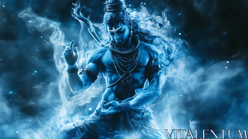 Blue cosmic dancer carves stillness from swirling smoke