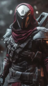 Hooded chrome sentinel waits in drifting cybernetic snowfall