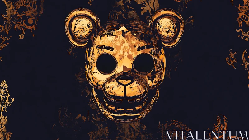 Distressed golden bear skull mask on dark floral background.
