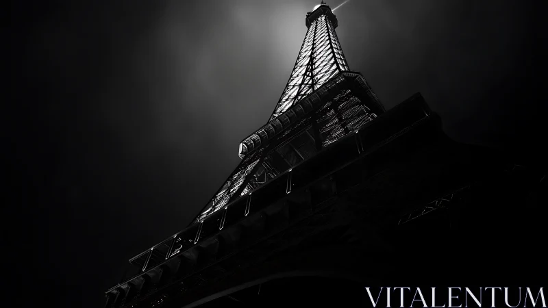 Dramatic low-angle monochrome study of illuminated Eiffel Tower