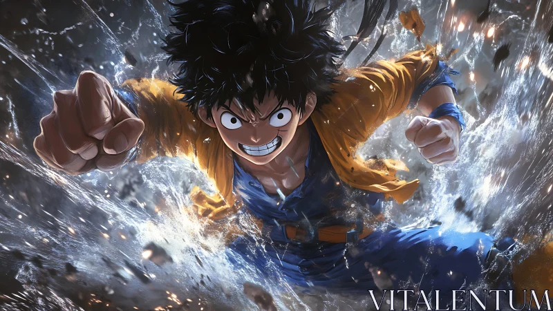 Anime fighter bursts through water in dynamic attack pose.