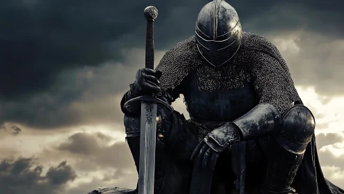 Storm-kissed knight pauses in quiet strength and reflection