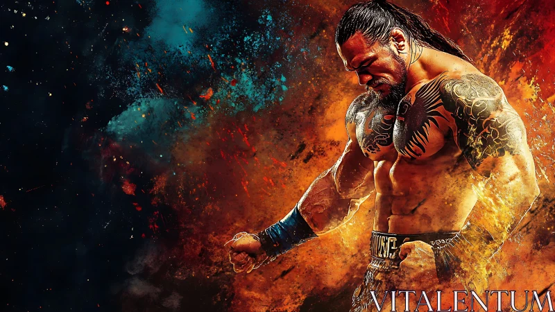 Tattooed warrior stands in fiery cosmic storm of power