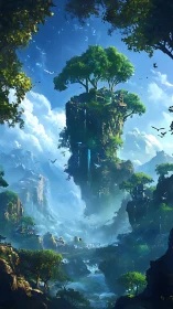 Vertical fantasy landscape with floating forest peak composition.