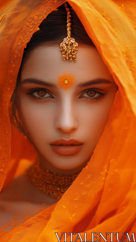 Photorealistic portrait under vivid saffron veil with bindi.