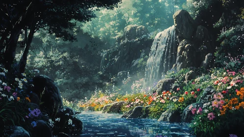 Sunlit forest waterfall pours into a flower-lined stream.