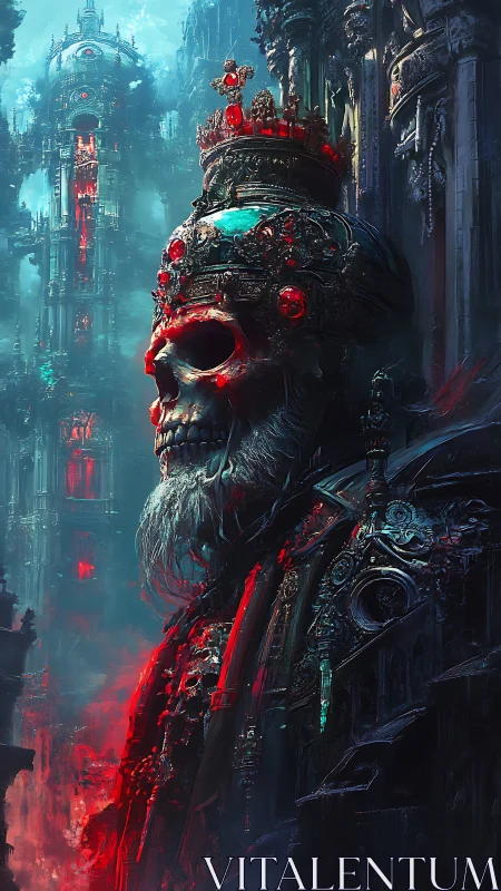 Regal skeletal figure stands in ornate crimson crowned armor