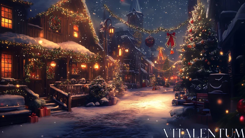 Snowlit Christmas village street with glowing festive lights.