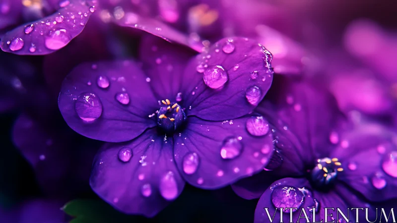Purple Petals Glistening with Crystalline Raindrops.