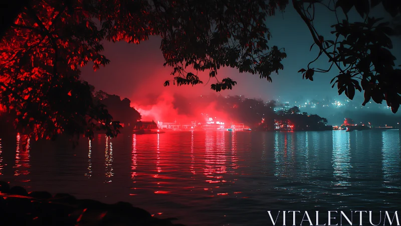 Moody lakeside lights glowing gently through misty night.