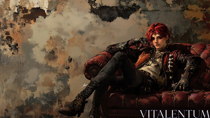 Red haired character reclining on worn leather sofa.