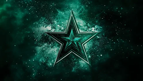 Emerald cosmic star emblem glows in deep galactic void.