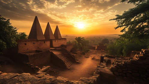 Sunlit desert pyramids above ancient stone settlement.