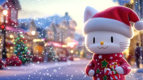 Cheerful Christmas cat enjoys snowy town lights and gifts