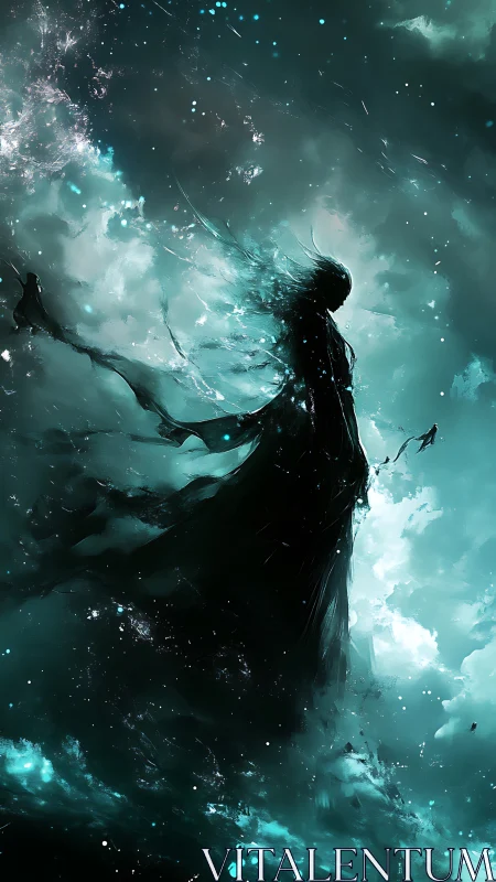 Dark humanoid silhouette stands amid turbulent teal clouds